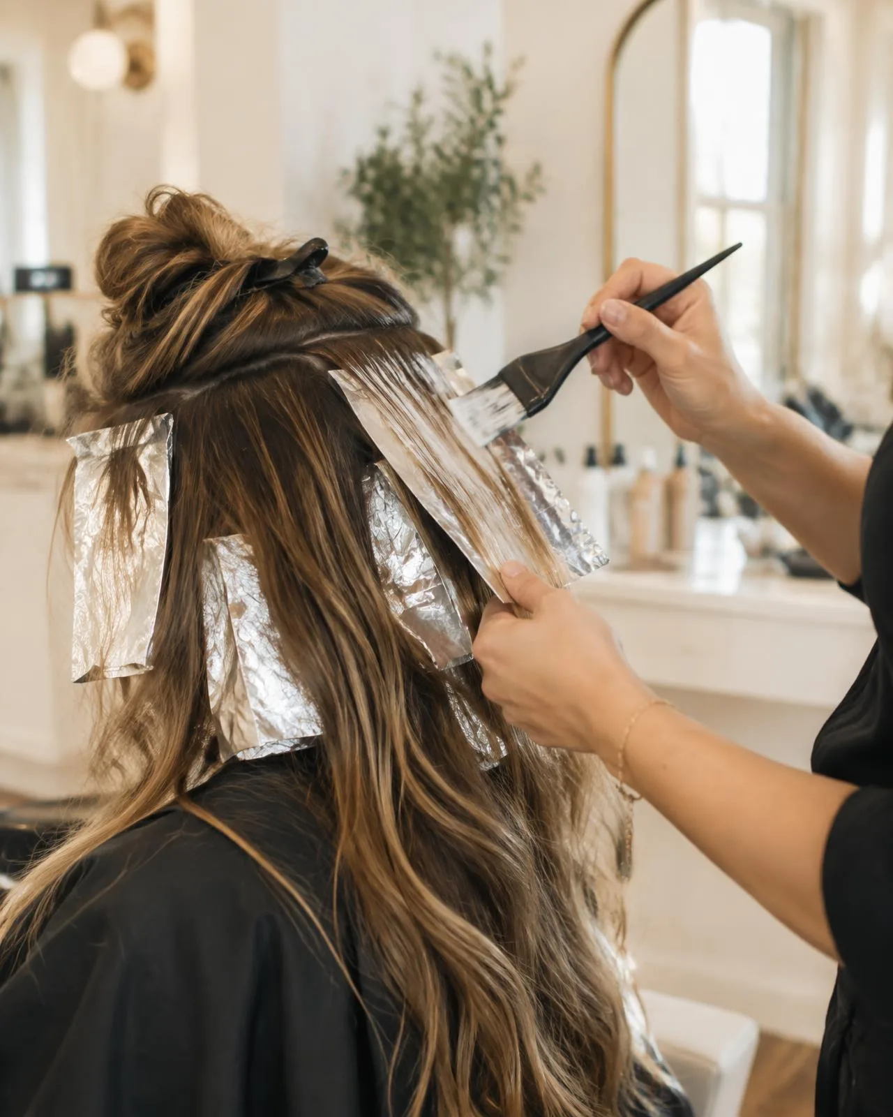 Mara Ellison painting balayage into long hair with foils, in natural light