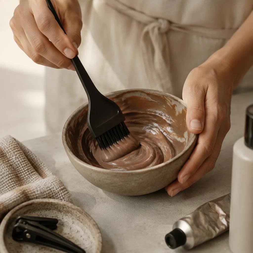 Hands mixing hair colour in a ceramic bowl