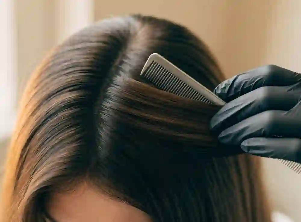 Sample result: fresh root touch-up blended into dark brown hair