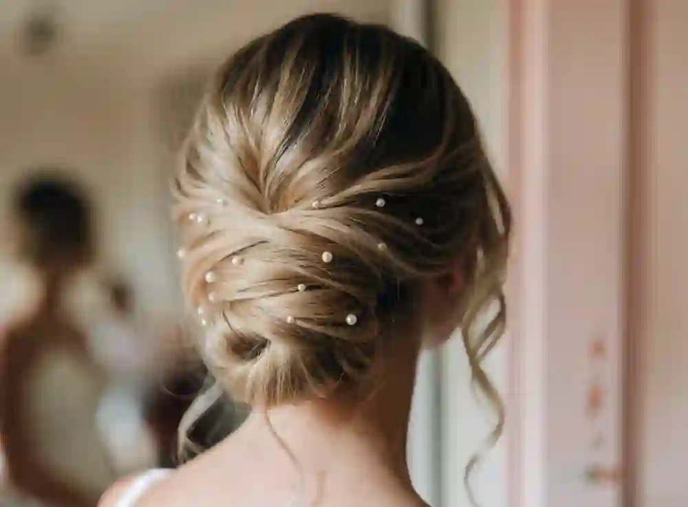 Sample result: a soft bridal updo with pearl pins